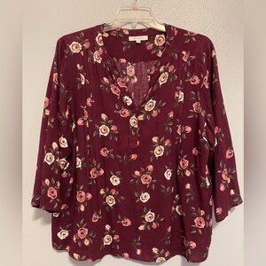 Monday Fun Kearney Henley Blouse Stitch Fix 2x Floral Burgundy Blouse